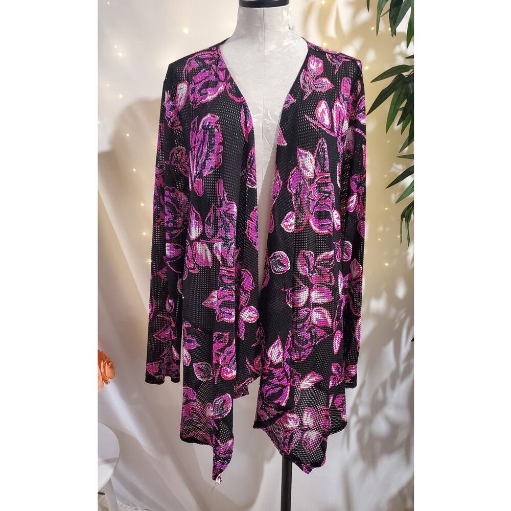 Aqua Blues Floral Sheer Mesh Open Asymmetrical Cardigan Topper Size 2X Beach